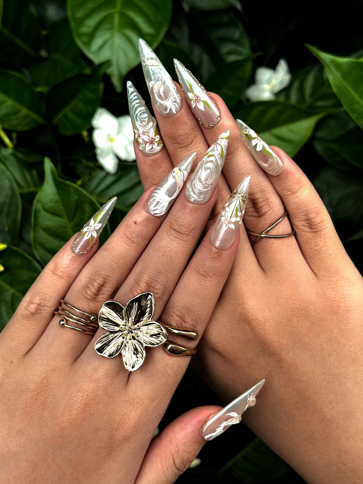 Ethereal Floral Press On Nails | Pearl Chrome Stiletto Nails | 3D White Flower Nails | Luxury Bridal Nails | Elegant Handmade Nail| OB1296NC