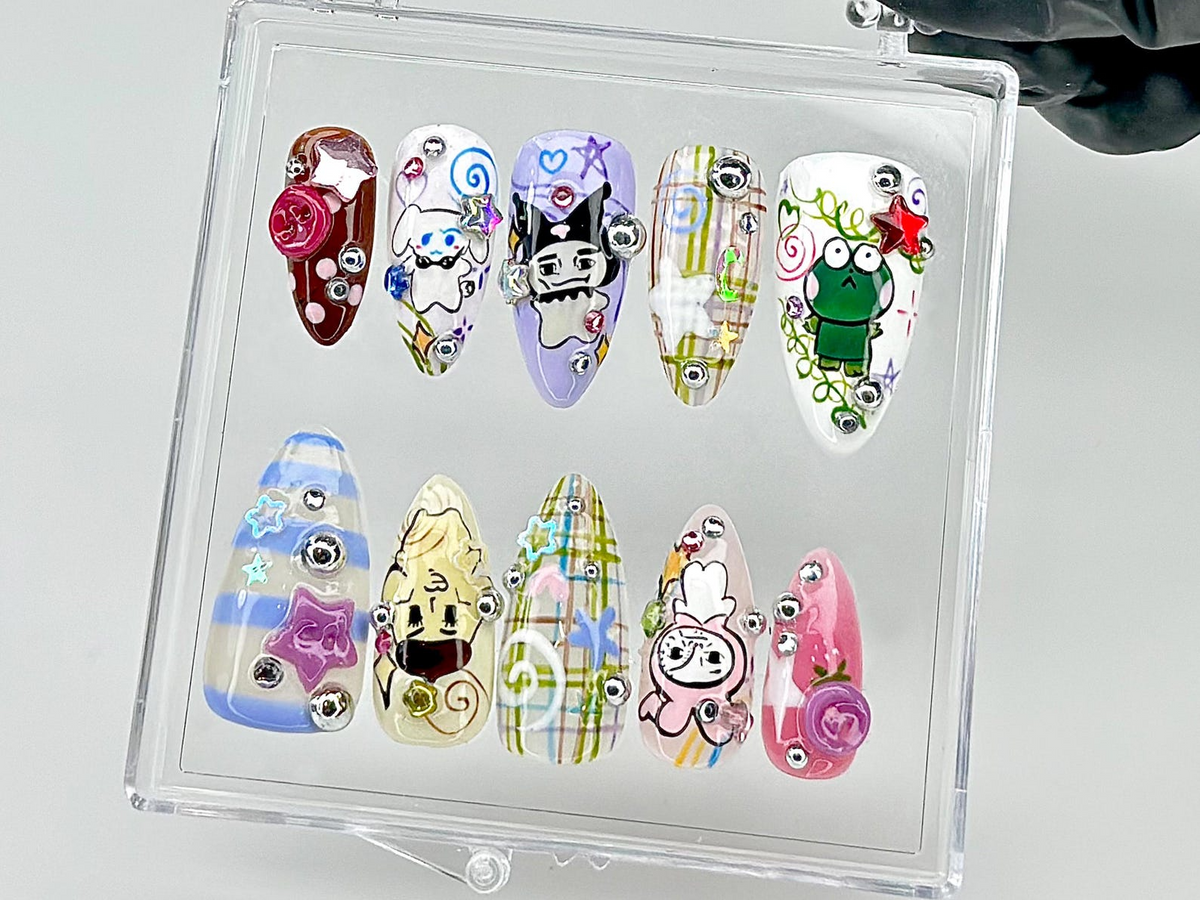 Kawaii Sanrio Press On Nails | Keroppi Kuromi Cinnamoroll Press Ons | Cute Pastel Fake Nails |Japanese Character Nails |Kawaii Nails|OB854YC