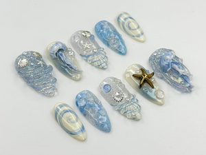 Ocean Dream Jellyfish Press On Nails | Blue Sea Fantasy Nail Art Set | 3D Shell & Starfish Nails | Handmade Oceanic Nail Design | OB782HC