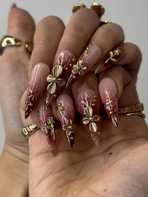 Golden Red Press On Nails | Burgundy & Gold Floral Nail Art | 3D Metallic Flower Design | Luxury Nail Set | Long Stiletto Press Ons| OC878HC