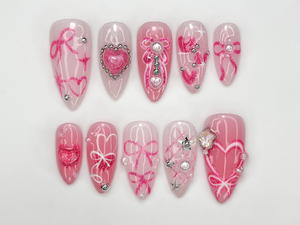 Press On Nails with Pink Ribbon & Heart Charm Design, Handmade Long Glossy Fake Nails for Romantic Coquette Look or Aesthetic Statement Nails | OB279