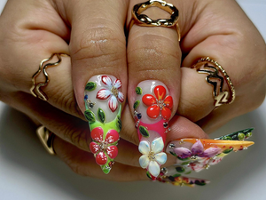 Tropical Garden Explosion Press On Nails | 3D Colorful Floral Nail Art | Rainbow Gradient Tips with Leaves & Gems | OB989EC