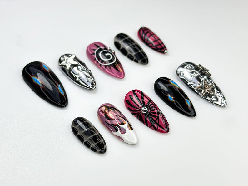 Y2K Black Pink Press On Nails | Silver Star Chrome Nails | Alt Fire Flame Design | Cyber Gothic Press Ons | Gothic Glam Nail Set | OC888H