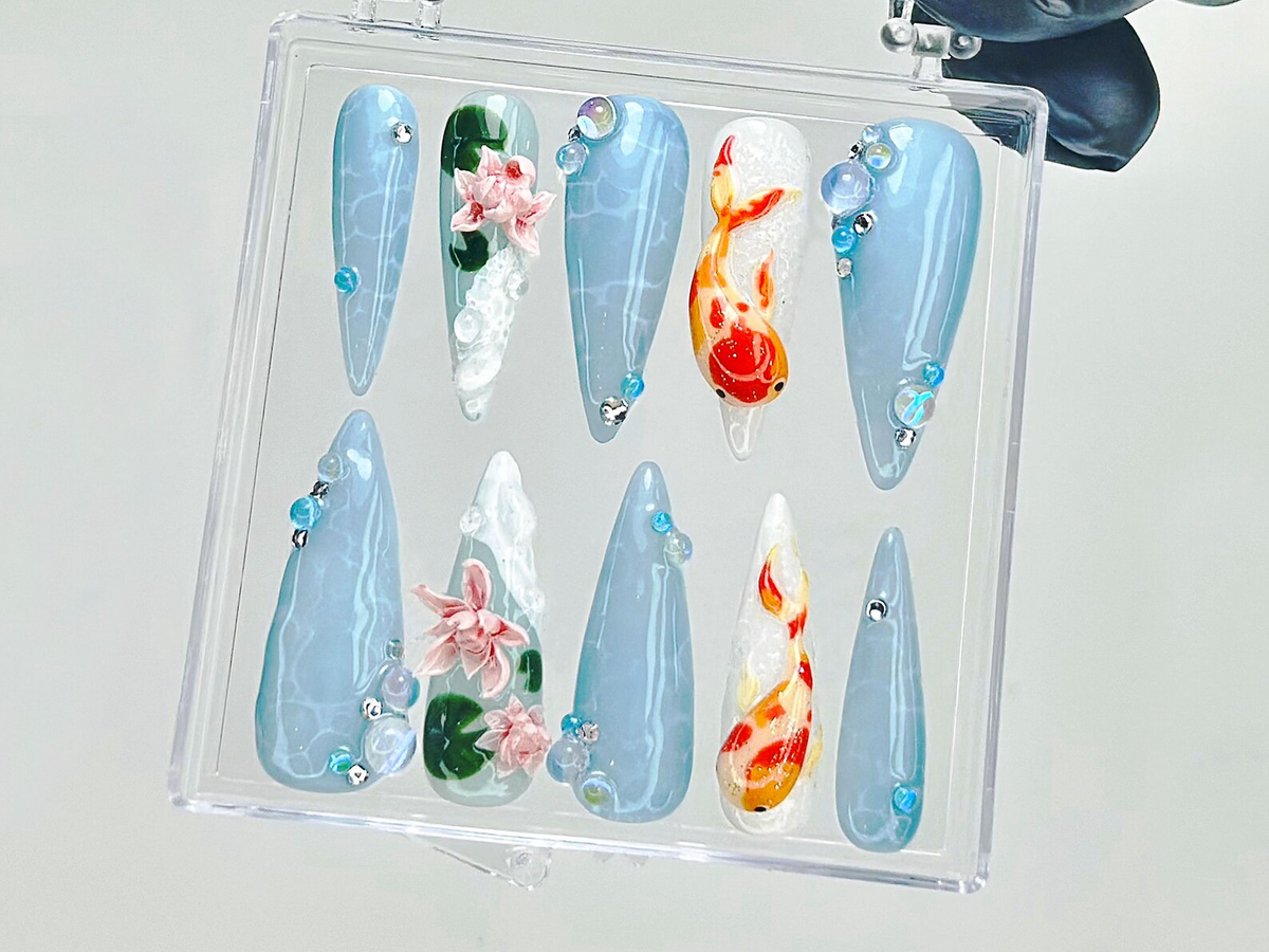 Koi Fish Press On Nails | 3D Water Lily Fake Nails | Japanese Koi Nail Art | Ocean Theme Press Ons | Goldfish & Lotus Nails | OB924YC