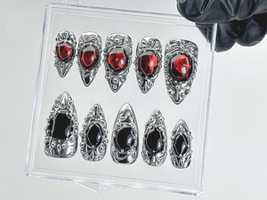 Gothic Vampire Jewel Press On Nails | Red Black Gem Nails with Metal Frame Fake Nails | Black Bloodstone Nail Art | Silver Metal | OB895YC