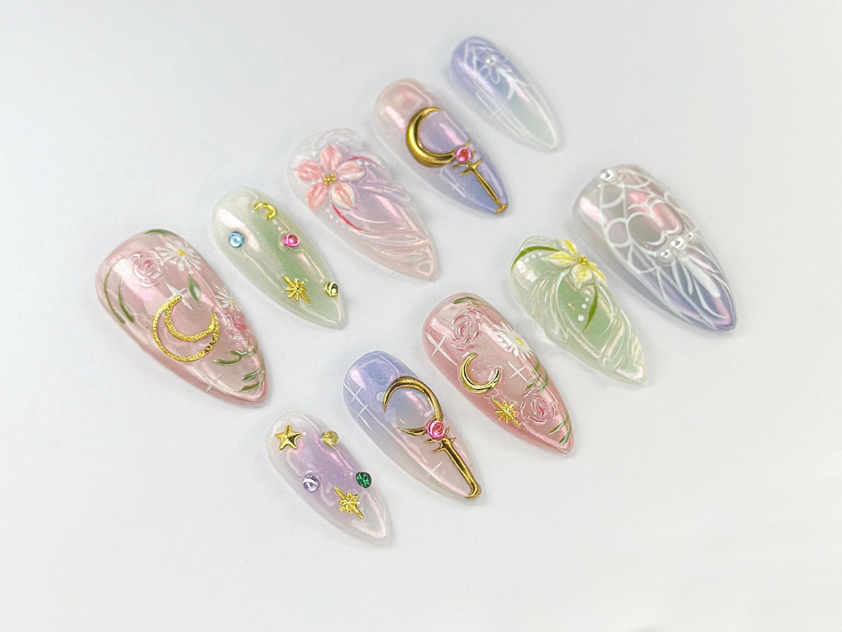 Sailor Moon Press On Nails | Pastel Magical Girl Nail Art | Iridescent Anime Design | Kawaii Anime Press On | Handmade Cosplay Nail |OB746HK