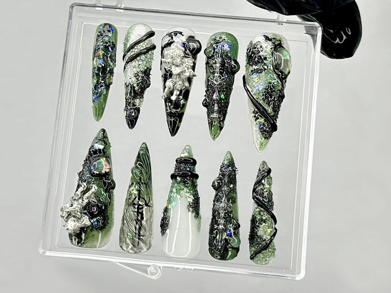 Emerald Witch 3D Press On Nails | Spooky Witch Nail Art | Creepy Cute Press Ons | Black Green Horror Fake nails | 3D Creepy Nails | OB945YC