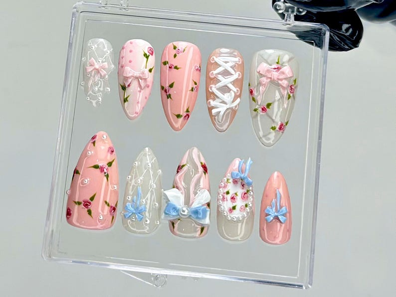 Balletcore Rose Press On Nails | Floral Lace Fake nails| Vintage Rose Nail Art | Feminine Handmade Kawaii Nails | Luxury Nails | OB940YC