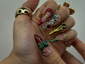 Luxe Ornament Christmas Press On Nails | 3D Holiday Nail Art | Red & Green Chrome Nails | Rhinestone Design | Festive Press Ons | OB214HC