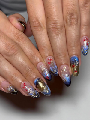 Luxury Navy Gold Press On Nails, Mystic Galaxy Floral Nails, Reusable Stiletto Nail with Gold Filigree and Shimmering Night Sky Art, OB307HC