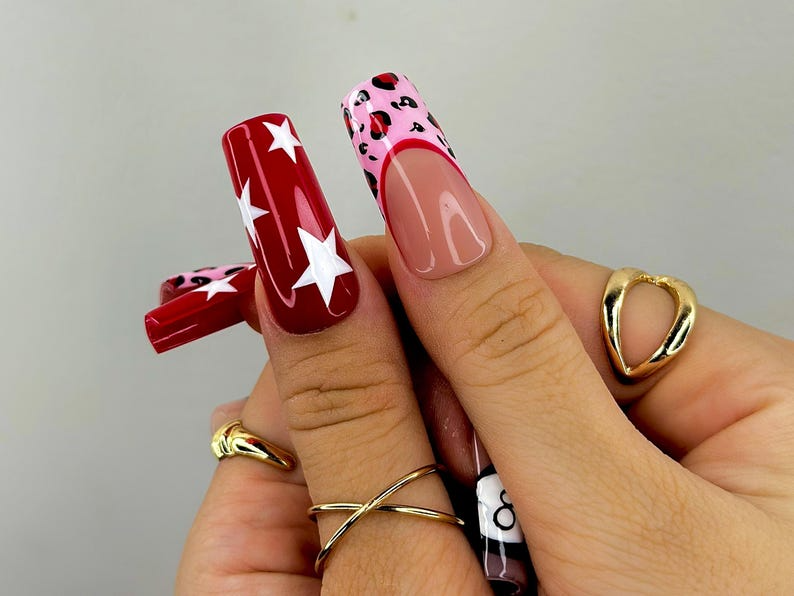 Retro Cherry Leopard Press On Nails | 8 Ball & Red Star Nail Art | Pink Leopard Print Nails | Handmade Pop Art Nail Set | OB115EC