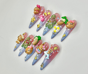 Hello Kitty Kawaii 3D Press On Nails | Tropical Cute Nail Art | Summer Ocean Theme | Tropical Flowers & Sea Animal Design | OC920EK