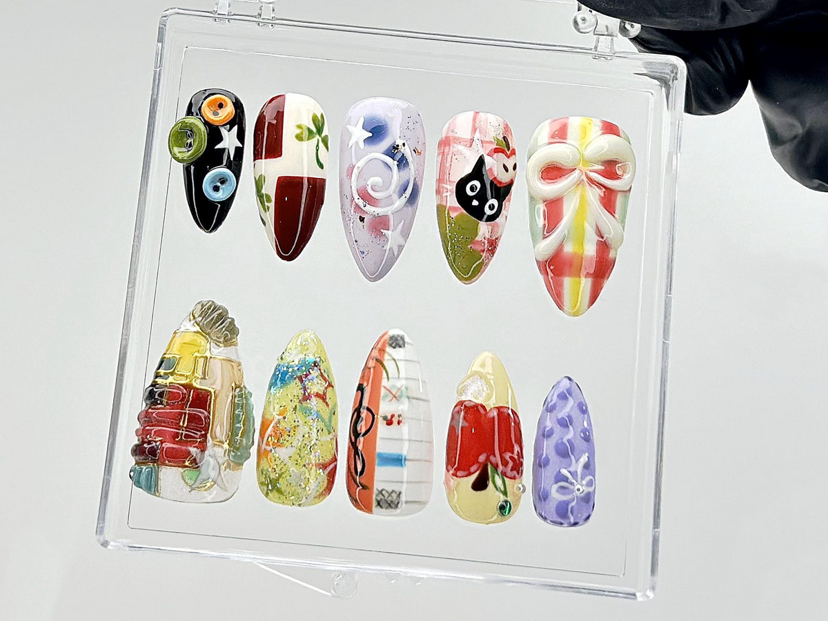 Jiji Cat & Colorful Abstract Press On Nails | Unique Cartoon Fake Nails | Whimsical Art Nail Art | Mixed Media Press Ons | Summer | OB880YC