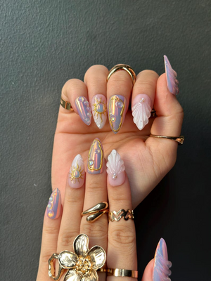 Iridescent Sunshine Press On Nails | Golden Sun Nail Art | Sunshine & Waves with Gold Accents | Handmade Unique Nail Set | OB1098HC