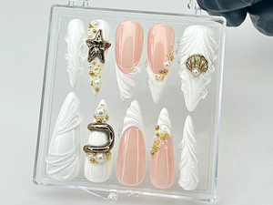 Pearl Starfish Shell Press On Nails by dorynail | Ocean Theme 3D Press Ons | Mermaid Bride Fake Nails | Pearl Bridal Nail Art | OC849YC