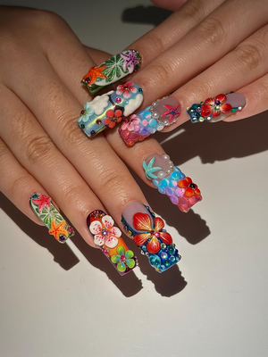 Midnight Sun Press On Nails for Festival | Colorful 3D Flower Nails | Festival Nail | Tropical Summer Luxury Nails | Artistic Nails| OA300HC