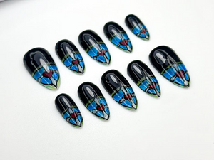 Stained Glass Heart Press On Nails | Blue Black Gothic Nail Art | Hand Painted Window Glass Design | Red Heart Accent Nails | OC846HC
