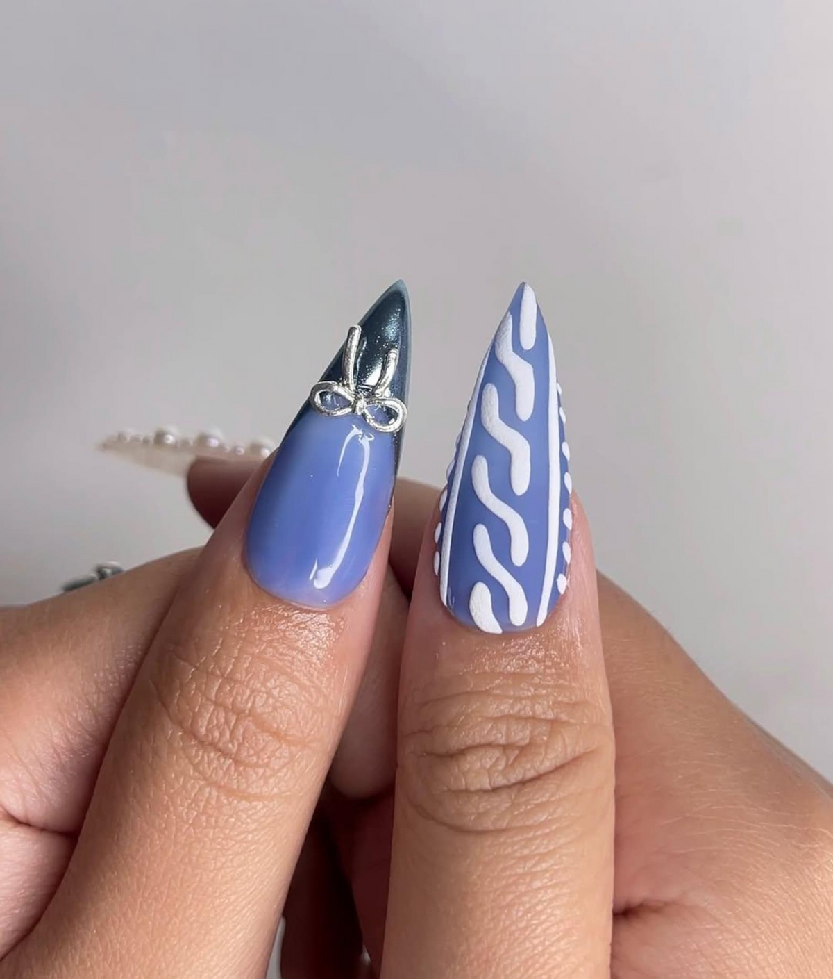 Frosted Winter Elegance Christmas Nails | Icy Blue Chrome Nail Art | Pearl Snowflake Design | Winter Wonderland Nails | Luxury Nail|OB1199HK