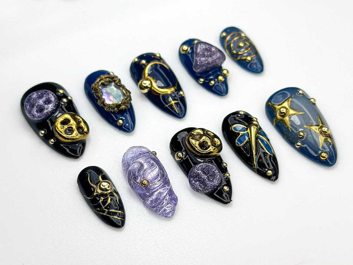 Cosmic Galaxy Press On Nails | Celestial Moon Star Nail Art | Dark Blue & Gold Mystical Nails | Opal Constellation Nail Design | OC860H