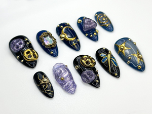 Cosmic Galaxy Press On Nails | Celestial Moon Star Nail Art | Dark Blue & Gold Mystical Nails | Opal Constellation Nail Design | OC860H