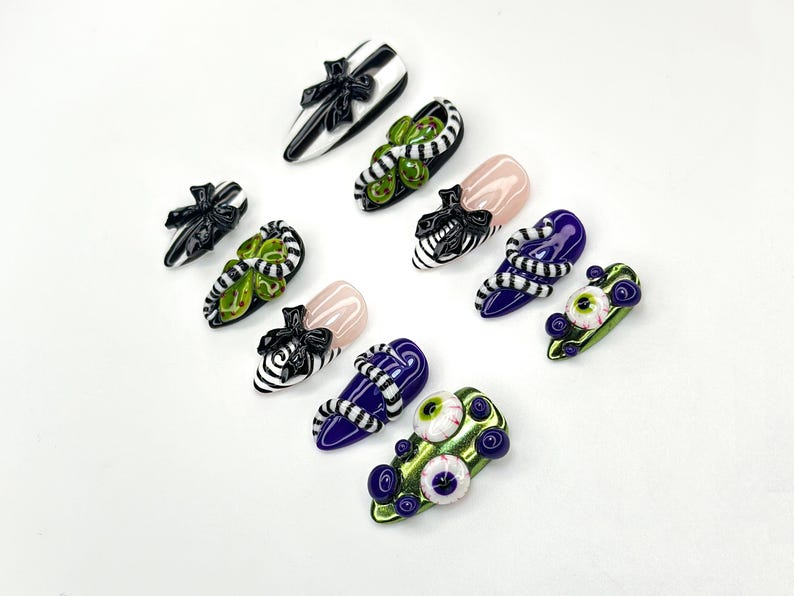 Monster Ribbon Press On Nails | Beetlejuice-Inspired Nail Art | Green & Purple 3D Eyes Design | Black Bow Striped Nails |OB1165BC