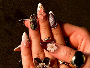Mystic Bloom Luxury Press On Nails | Metallic Floral Accent Nails | Purple Gradient & 3D Flower Design | Elegant Gothic Nail Art | OB1084EK