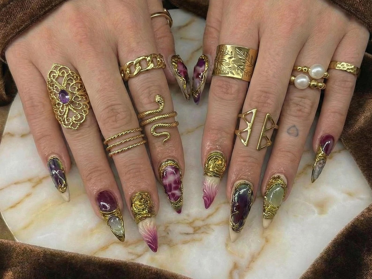 Gothic Garnet Gold Press On Nails | Frech Tips Gold Couture Nail Art | Burgundy Jade Statement Nails | Handmade Luxury Stiletto Set OB270EC