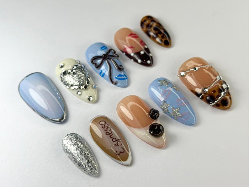 Modern Espresso Coffee Press-On Nails | Glitter, Glam Espresso Nails | Coffee, Leopard & Bow Designs | Luxury Espresso Aesthetic | OC713HC