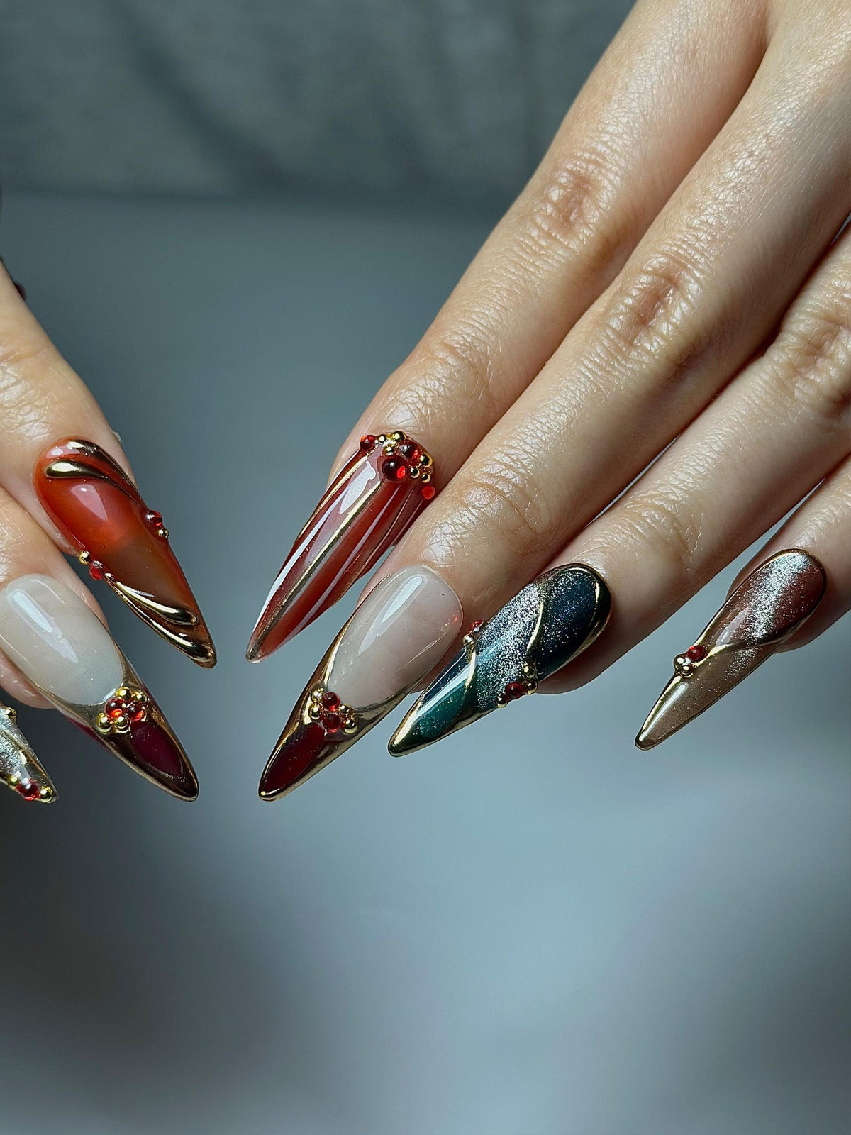 Chrome Glam Press On Nails | Red Green Gold Luxury Nails | Festive Glitter Stiletto Nails | Handmade Elegant Press Ons | OC1047HC