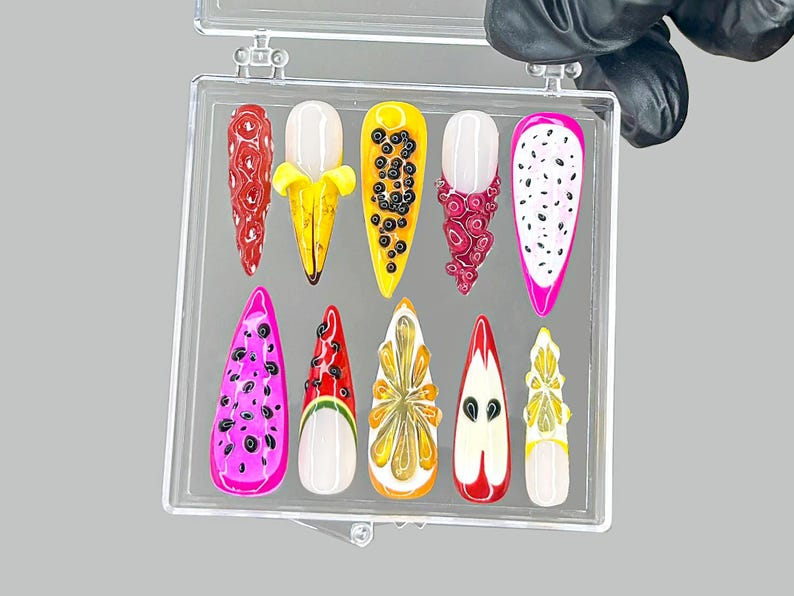 Tropical Fruit Press On Nails | Dragonfruit & Banana Nail Art | Colorful Fruit Press Ons | Kawaii Fruit Fake nails | Summer Nails | OB953YK