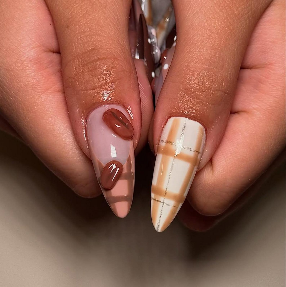 Teddy Bear Autumn Press On Nails | Fall & Autumn Coffee Nails | Cute Bear Nail Art | Plaid Neutral Nails | Handmade Luxury Nails |OB209EC