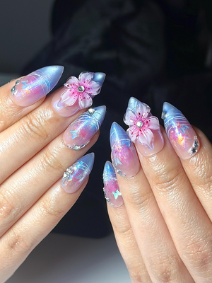 Aurora Galaxy Floral Press On Nails | Iridescent Chrome Stiletto Nails | 3D Sakura Flower Nails | Fantasy Butterfly Nail Art | OB1044HC