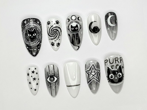 Cosmic Black Cat Press On Nails | Gothic Cat Nail Art | Moon Star Astrology Nails | Witchy Black White Press Ons | Mystic Nail Set | OB263H