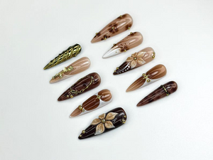 Autumn Brown Gold Press On Nails | 3D Floral Nail Art | Fall Inspired Nail Set | Handmade Neutral Nails | Elegant Long Press Ons | OC1121BK