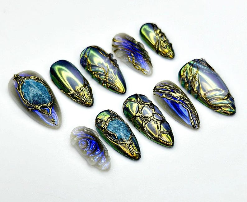 Midnight Armor Press On Nails | Metallic Dragon Scale Nail Art | 3D Fantasy Sculpture Nails | Gothic Iridescent Tips | OC939EK