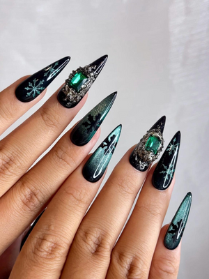 Emerald Snowflake Christmas Press On Nails | Black Green Winter Nails | Luxe Holiday Nail Art | Stiletto Press Ons | Winter Set | OB237HC