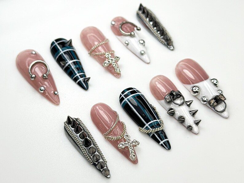 Punk Cross Chain Press On Nails | Gothic Plaid Nail Art | Spiked Pierced Punk Nails | Black White Silver Press Ons | Edgy Nail Set | OC864HK