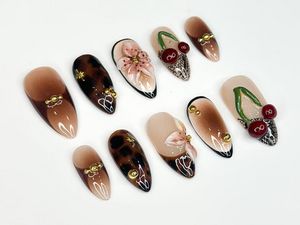 Tortoiseshell Fall Press On Nails | 3D Fruit & Floral Nail Art | 3D Cherry Blossom Nail Design| Handmade Luxury Nail| Elegant Nail | OC187HK
