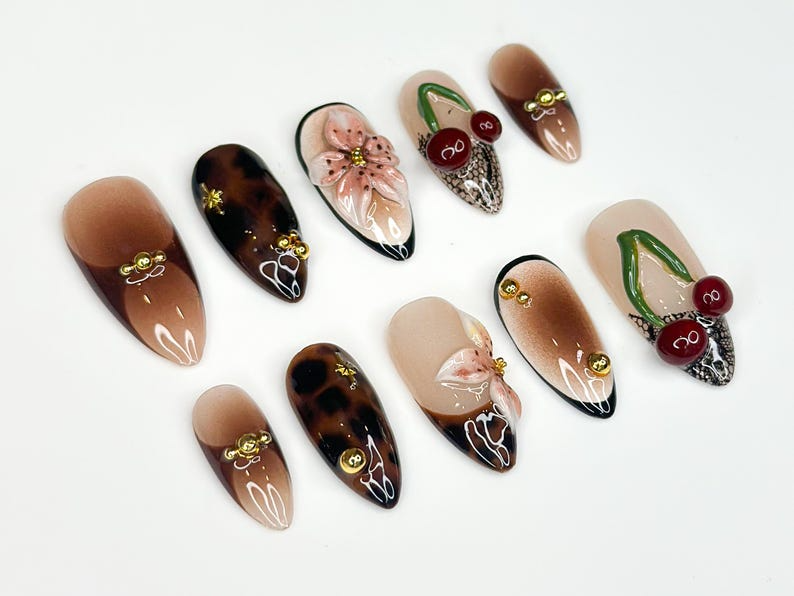 Tortoiseshell Fall Press On Nails | 3D Fruit & Floral Nail Art | 3D Cherry Blossom Nail Design| Handmade Luxury Nail| Elegant Nail | OC187HK