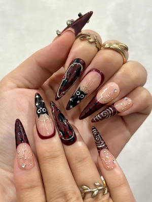Gothic Ruby Witch Press On Nails | Red Black Sorcery Nail Art | 3D Ring Accents & Mystic Symbols | Luxury Dark Glam Set | OB1202EC