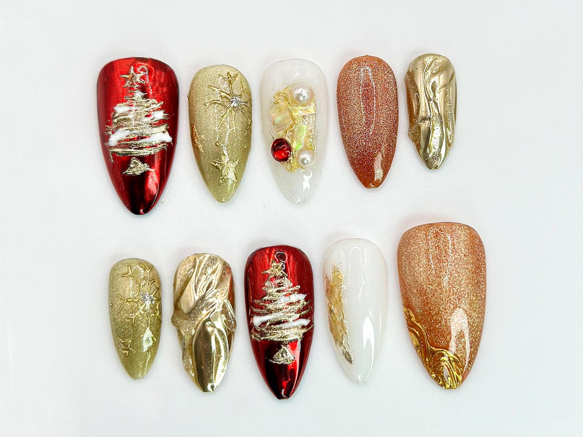 Christmas Tree Press On Nails | Red & Gold Holiday Nail Art with 3D Details | Christmas Tree, Pearl Accents | Holiday Nail Set| OC536HC