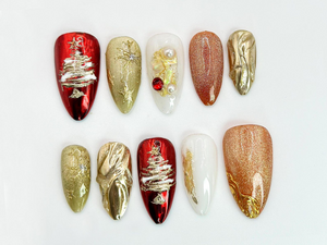 Christmas Tree Press On Nails | Red & Gold Holiday Nail Art with 3D Details | Christmas Tree, Pearl Accents | Holiday Nail Set| OC536HC