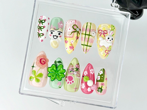 Kawaii Cute Press On Nails by DoryNails | Pastel Bunny Clover 3D Press Ons | Sakura Bunny Fake Nails | Kawaii Spring Nail Art | OB827YC
