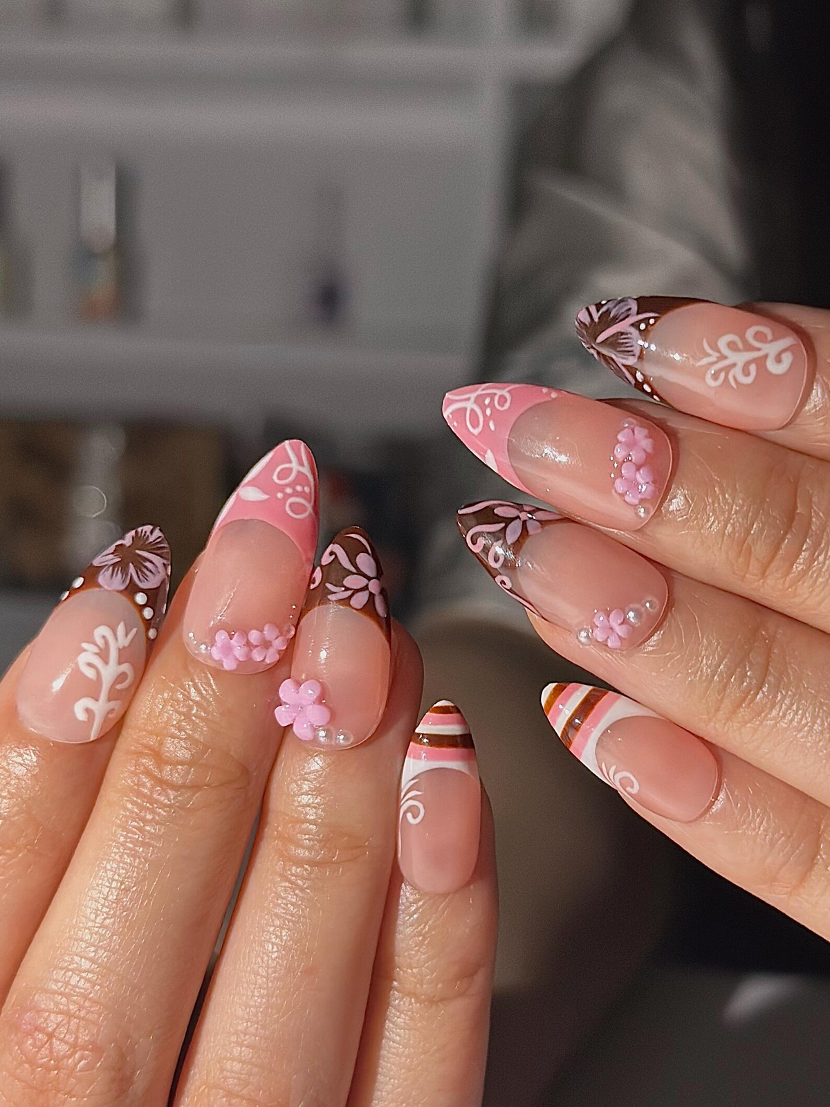 Pink Brown Floral Press On Nails | Cute Pink Nail Art | Sweet Dessert Inspired Nails | 3D Flower Nail Set | Handmade Press Ons | OC1298HK