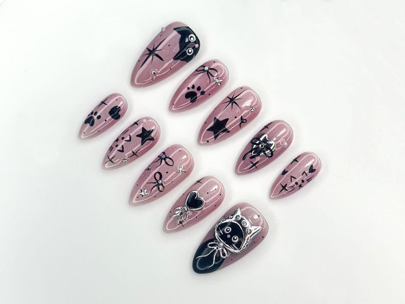 Bengals Cat Press On Nails | Holiday Chrome Pink Nails | Cute Bow & Stars Nail Art | Christmas Gift for Her | Mystic Winter Cat Press On Nails  OB1182BC