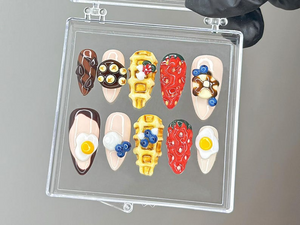 Kawaii Brunch Press On Nails | 3D Food Nail Art | Strawberry Waffle Press Ons | Funny Food Fake nails | Egg & Strawberry Nails | OB955YC