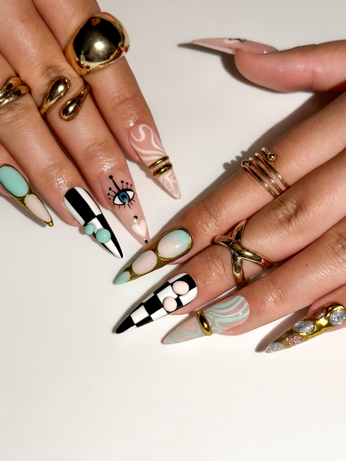 Gilded Luxury Colorful Press On Nails | Eye Art Gold Ring Nails | Handmade Nude Stiletto Nail Art | Luxury Statement Press Ons | OB302EC