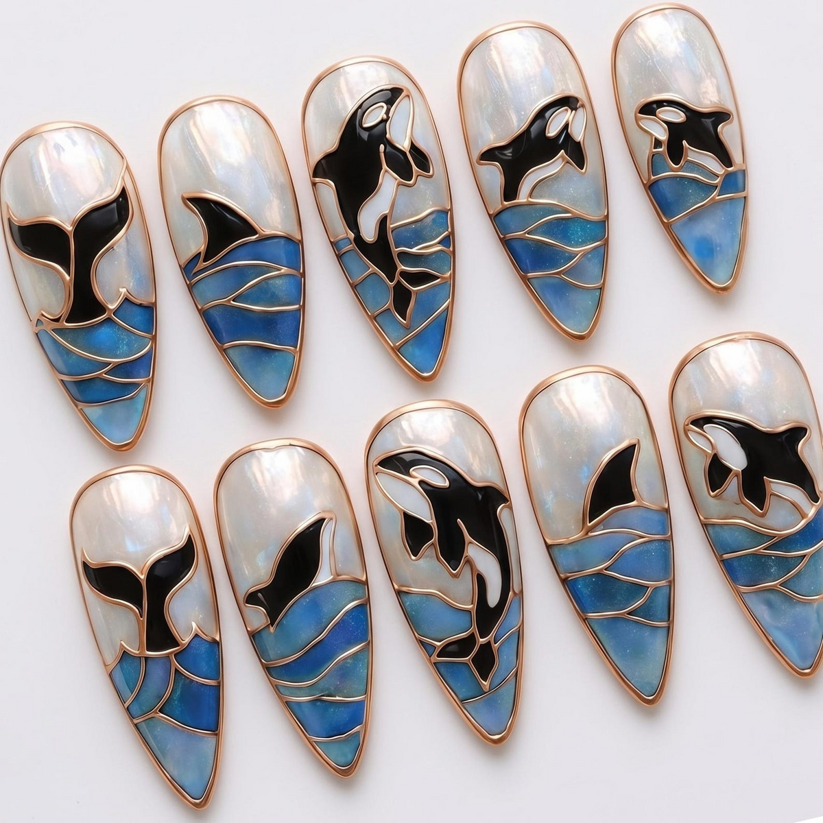 Ocean Press On Nails Summer, Shark and Orca Nail Art Handmade Marine Life Nails Coastal Stiletto Nail Set | OB419L