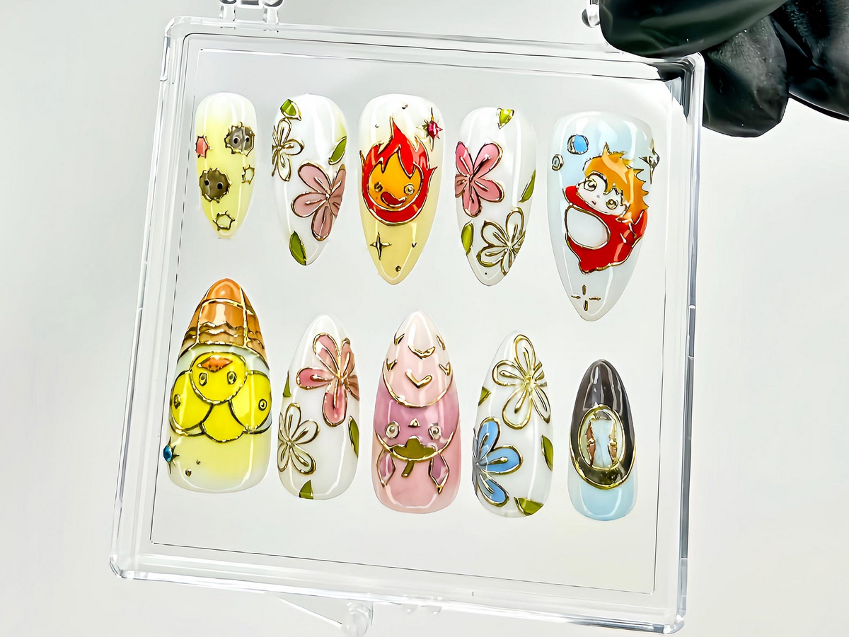 Cute Anime Press On Nails | Ghibli Characters & Floral Fake Nails | Kawaii Anime Nail Art | Ponyo Totoro Calcifer Press Ons | OB1021YC