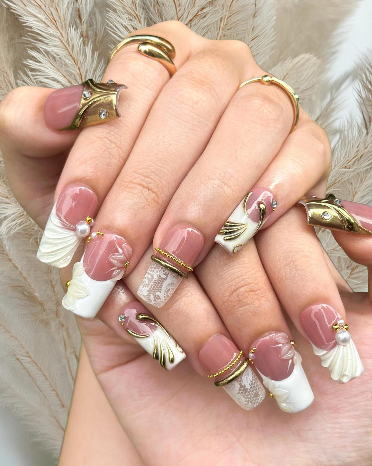 Royal Balletcore Press On Nails | Luxury Bridal Wedding Nails | Pearl French Tip Nails | Victorian Coquette Nails|Elegant Bow Nails| OB1319IC